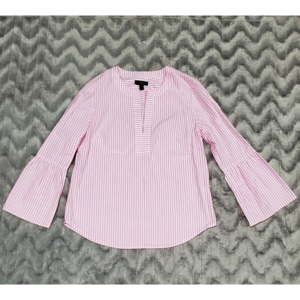 J Crew Womens Size 2 Pink White Striped Tunic Style Ball Sleeve Shirt Blouse